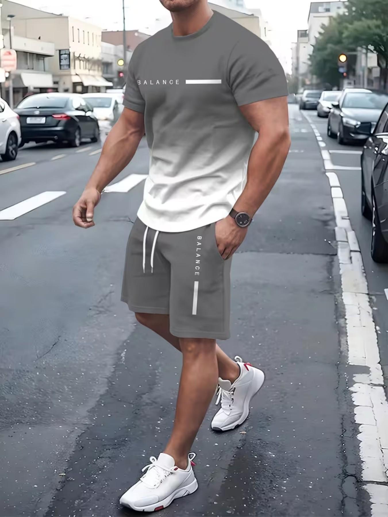 Men's Gradient Fitness Short Sleeve Set, Summer Trendy Sportswear Casual Two-Piece, Fitted Tee and Shorts, Regular Length
