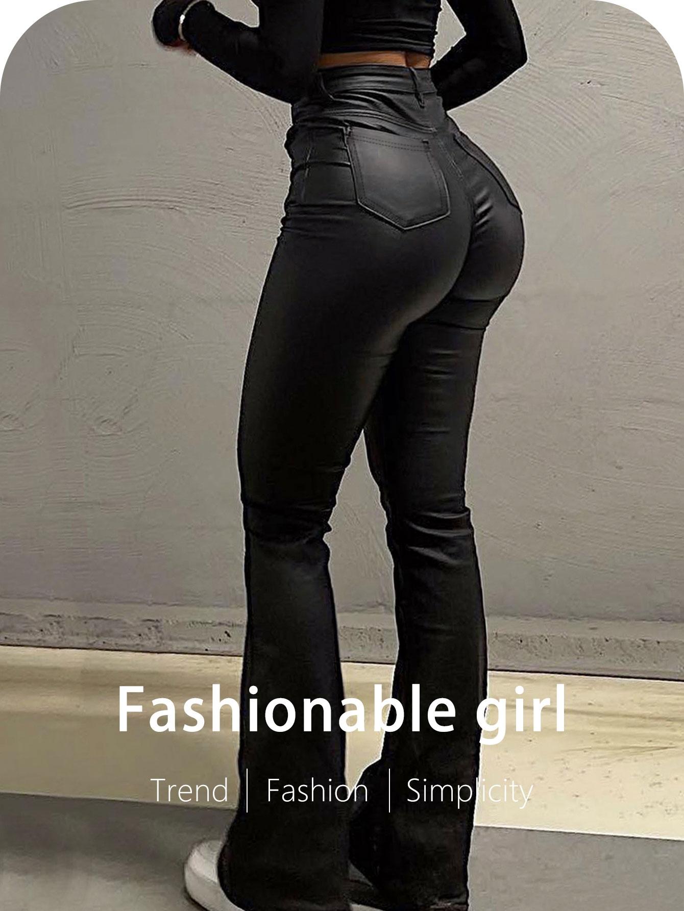 GILIPUR Y2K High Waist Coating Flare Leg Pants,Casual Lounge Pants Comfy Plain Button Pocket Trousers,Women's Ladies Bottoms For All Seasons Fall & Winter Clothes,Stretchy Coating  Flared Leg Pants,Kardashian Style,Casual Streetwear Pants,T-Chic