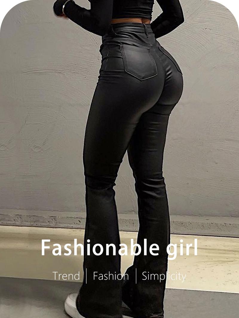 GILIPUR Y2K High Waist Coating Flare Leg Pants,Casual Lounge Pants Comfy Plain Button Pocket Trousers,Women's Ladies Bottoms For All Seasons Fall & Winter Clothes,Stretchy Coating  Flared Leg Pants,Kardashian Style,T-Chic