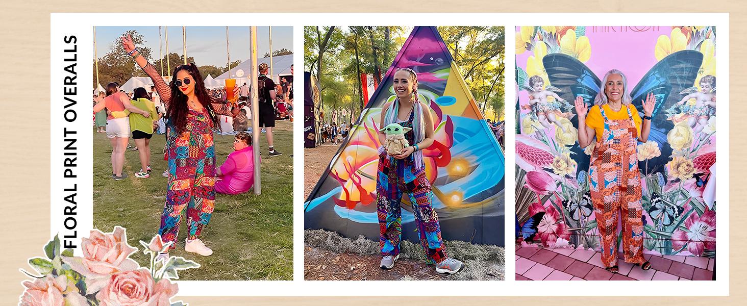 Yeokou Women's Patchwork Dual Pocket Jumpsuit Loose Floral Print Bohemian Wide Leg Bib Overall