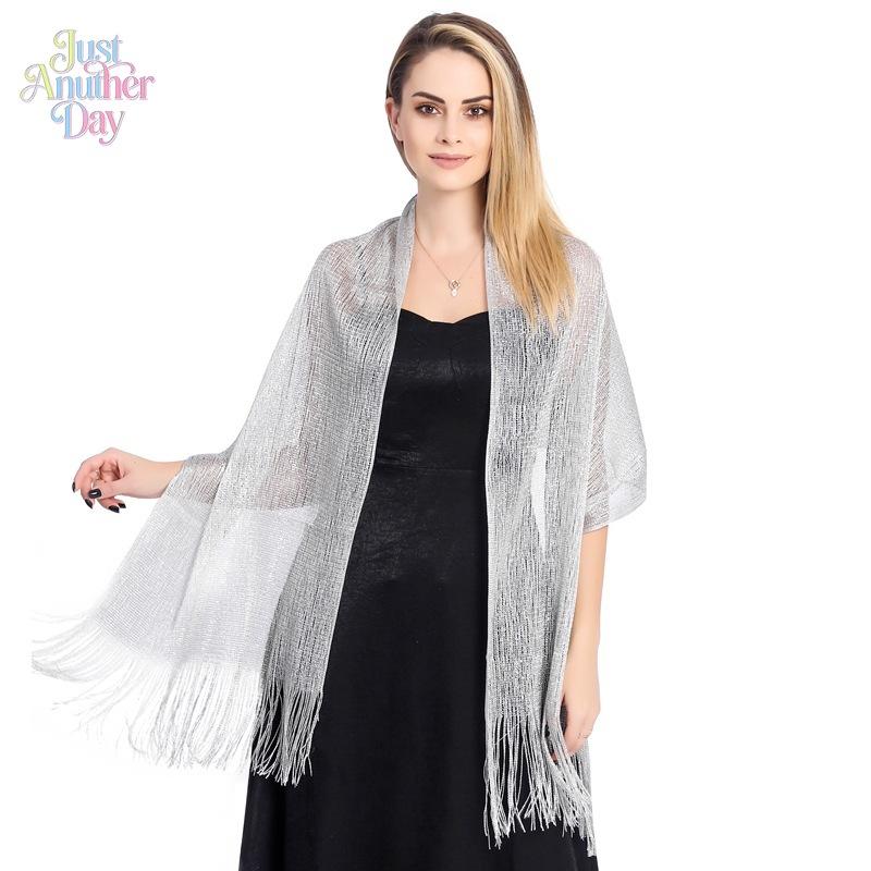 Shimmering Metallic Lurex Evening Shawl with Fringe, Elegant Gold/Silver Sparkly Wrap Stole for Brides, Wedding Guests, Prom & Formal Parties