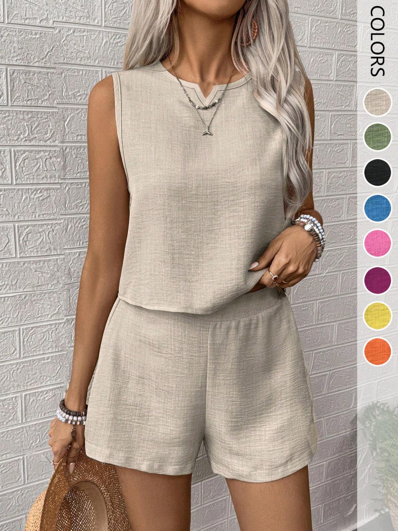 Women's 2-Piece Set, Casual V-Neck Sleeveless Top and Wide Leg Pants, Summer Loose Fit, Home Wear, Office, Vacation, All Seasons, Womenswear