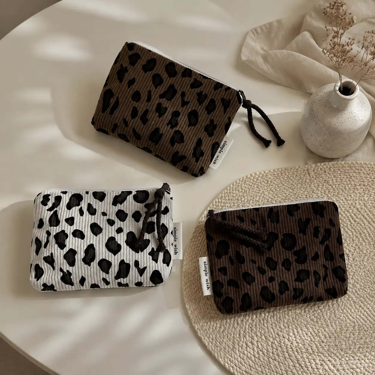 Soft Corduroy Leopard Print Mini Zipper Bag - Casual Chic Coin Purse, Secure Zipper, Mini Useful Items, Horizontal Square Coffee Brown White, Everyday Essential for Daily Outfits & Casual Travel (Luggage Bag Accessory Organizer)