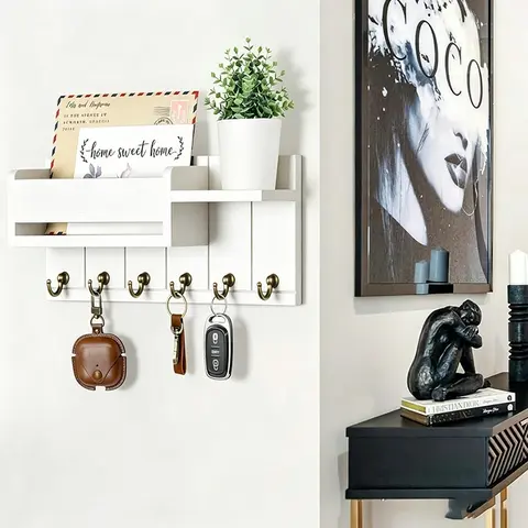 Wooden Wall-Mounted Key Organizer with 6 Hooks and Small Shelf, Mail Sorter and Entryway Storage Holder for Living Room or Entrance, Wall Mountable Home Decor Organizing Essential, Key Hanger Wall Mount, Wooden Wall Rack