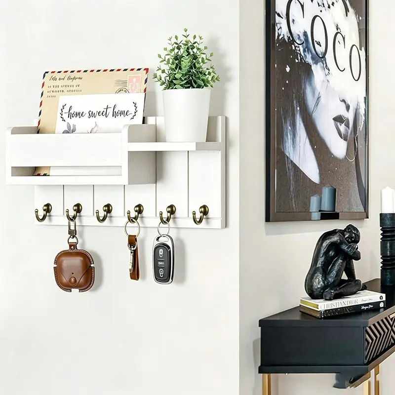 Wooden Wall-Mounted Key Organizer with 6 Hooks and Small Shelf, Mail Sorter and Entryway Storage Holder for Living Room or Entrance, Wall Mountable Home Decor Organizing Essential, Key Hanger Wall Mount, Wooden Wall Rack