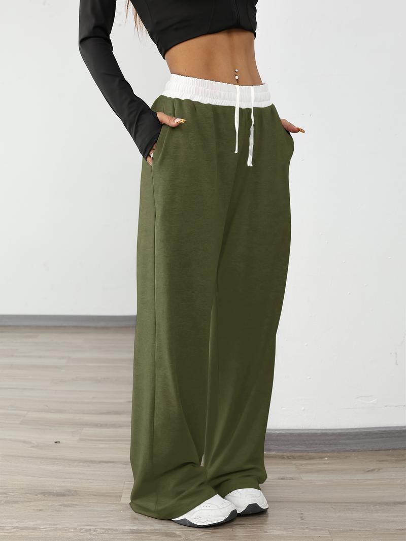 Women's High Elasticity Running Pants with Color Block Waistband Design, Outdoor Casual Hiking Gym Jogging Sportswear with Pockets, Cute Gym Clothes