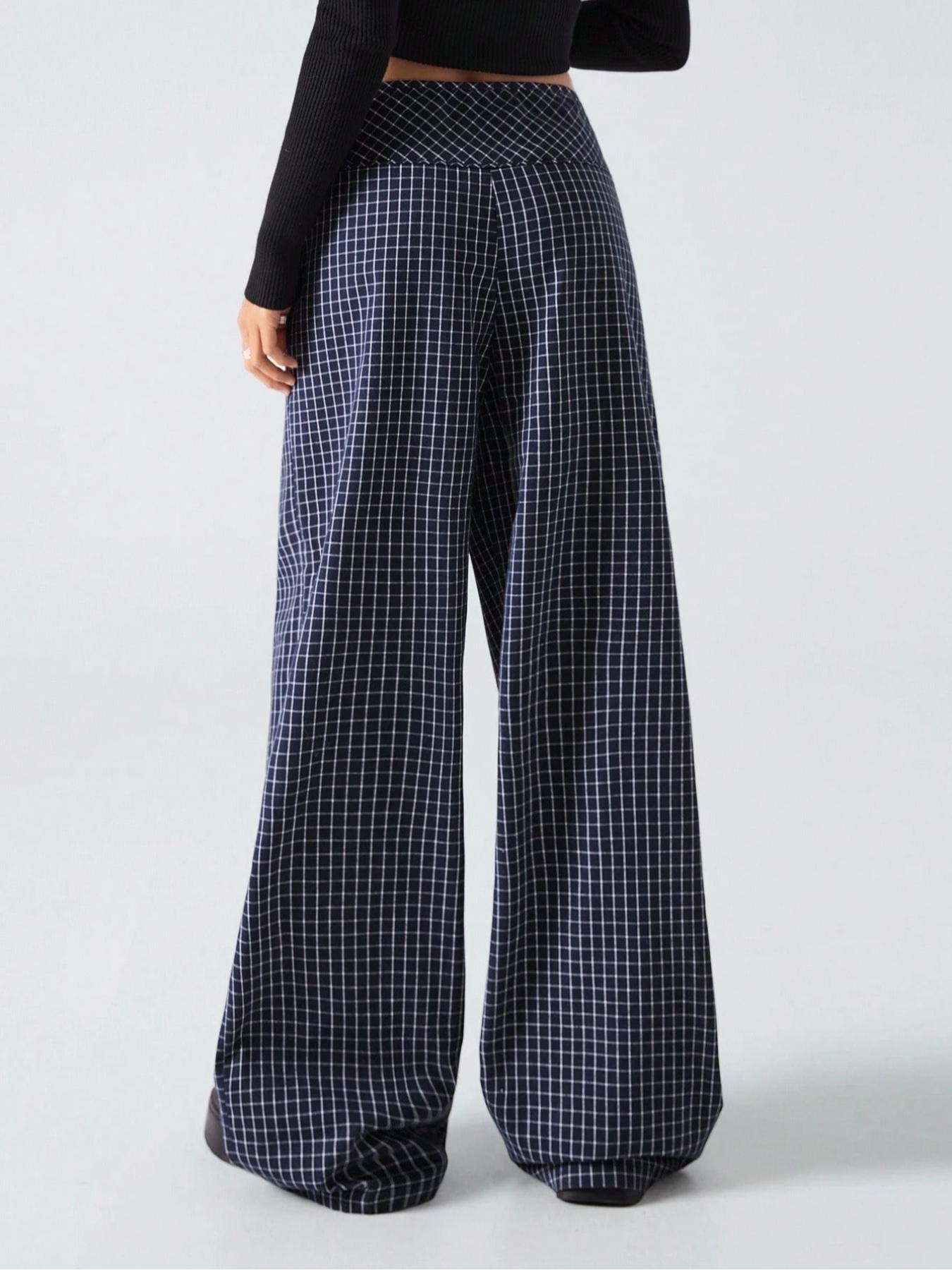 Plaid Print Knot Waist Wide Leg Pants, Casual Street Trousers, Vintage British Style, Fashionable and Versatile, Slimming Fit, Comfortable, All Seasons