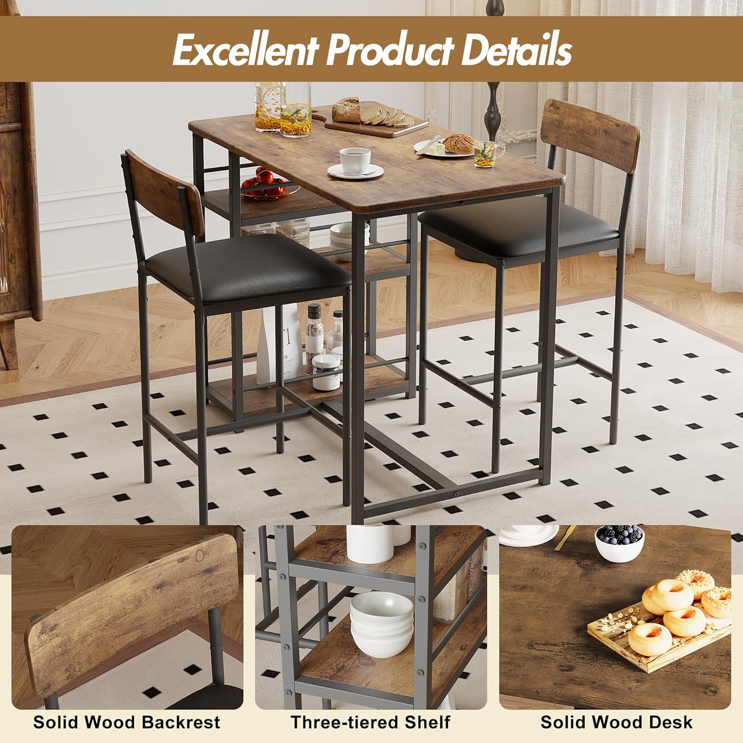 3-Piece Double Bar Table Set with 3-Tier Storage Shelves, Compact Kitchen Dining Table Set with 2 Upholstered Stools, Space-Saving Breakfast Nook for Kitchens, Taverns, Apartments