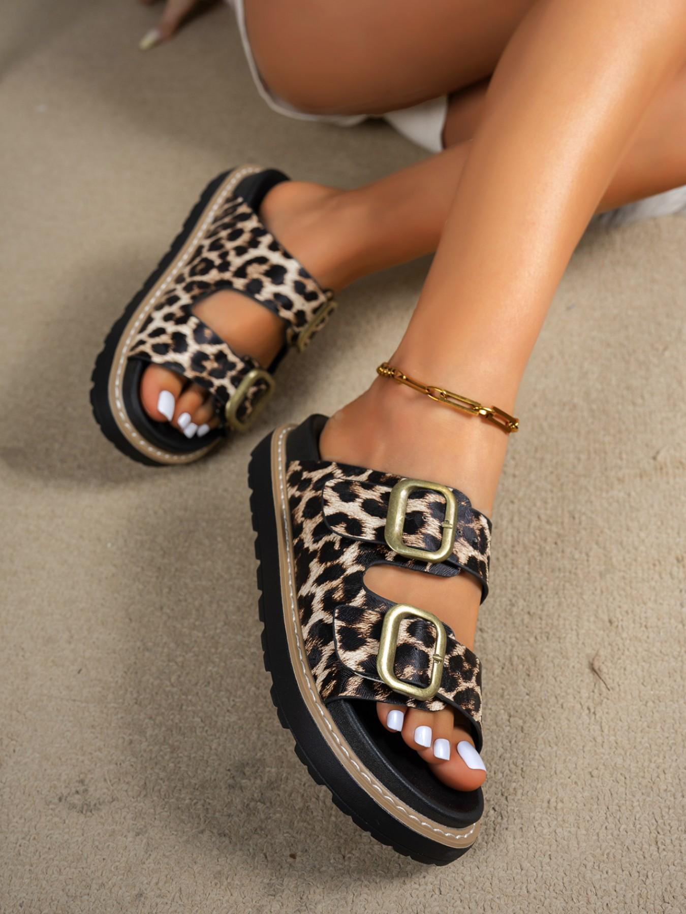 Women's Leopard Print Double Buckle Thick Sole Sandals, Retro Classic Anti-Slip Summer Beach Thick Soled Slippers, Casual Outdoor Footwear Slipper Shoes