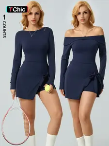 Women's Long-Sleeved Plain Mid-Shoulder Flat Back Split Lace-Up One-Piece Yoga Culottes Outdoor Sports Hiking Tennis Biking Pilates One-piece Sportswear Autumn new comfortable lace-up one-piece culottes