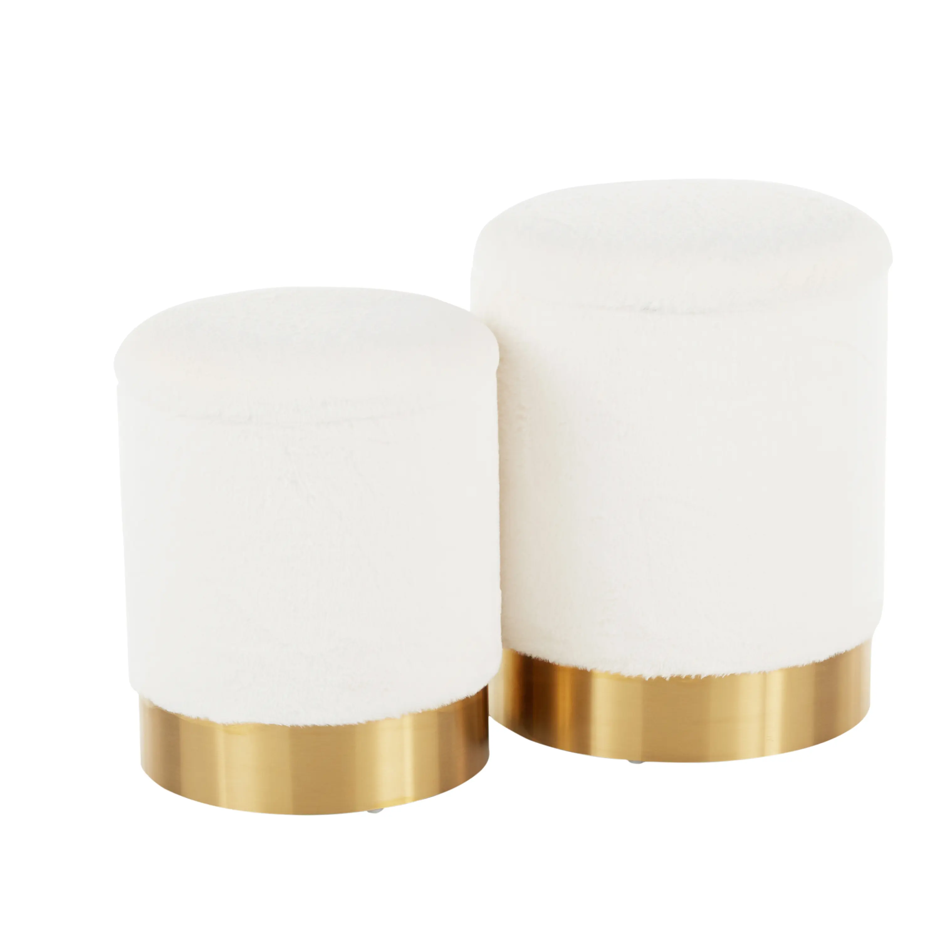Nokaa Contemporary Nesting Ottoman Set with Gold Metal Base and Cream Fabric Upholstery, Space-Saving 2-Piece Accent Seating and Footrest for Living Room, Home Office, Compact Spaces, Indoor Use Only