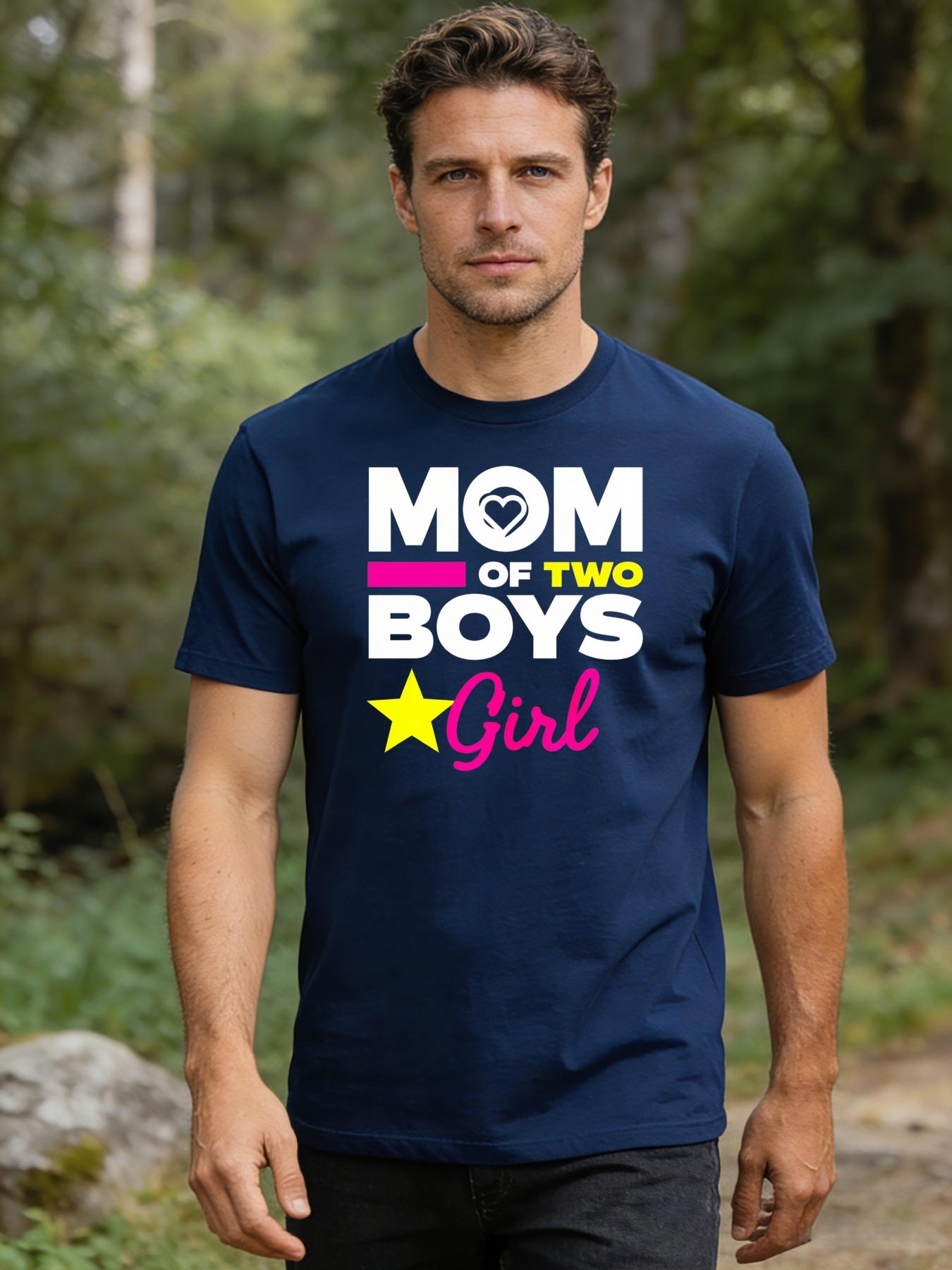 Men's T-shirt with printed patterns and text designs featuring "Mom Has Two Boys and Girls", suitable for parent-child family gatherings and daily wear