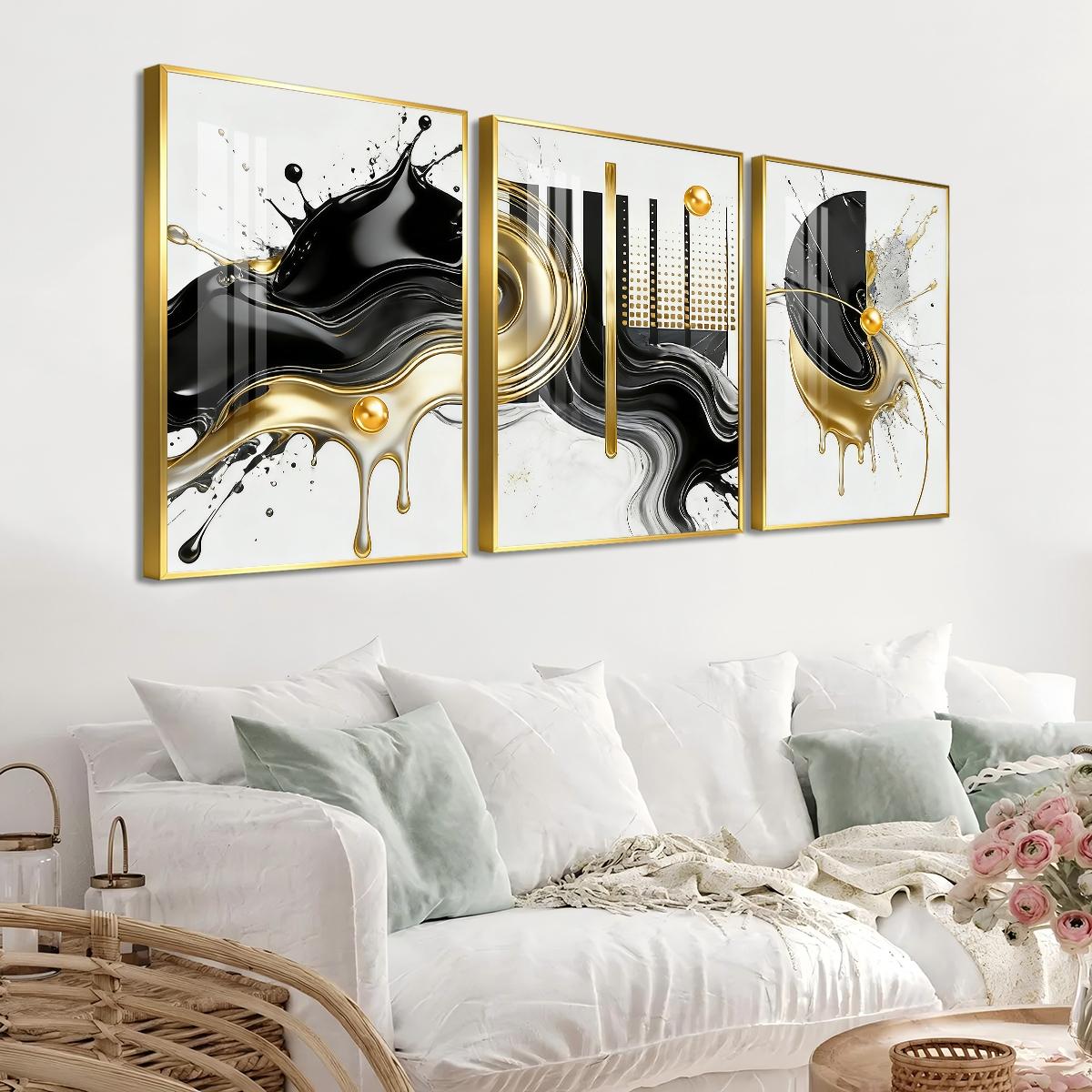 3 Counts Aluminum Alloy Framed Painting, Abstract Black And Gold Fluid Art Pictures, Home Decoration For Living Room, Bedroom, Office, Restaurant, Hallway Wall Decor, Odorless Print Artwork, Luxury Perfect Gift For Friends And Family