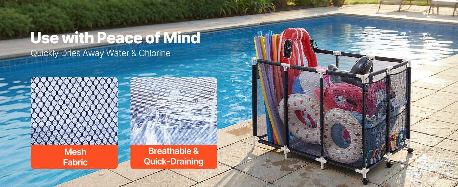 Summervibes VEVOR Pool Storage Bin, 47.2x 30.2x 34 in, Rolling Pool Float Storage Organizer with Side Pockets Casters, Heavy Duty Plastic Frame, Poolside Toys Noodles Holder Mesh Basket for Swimming Pools