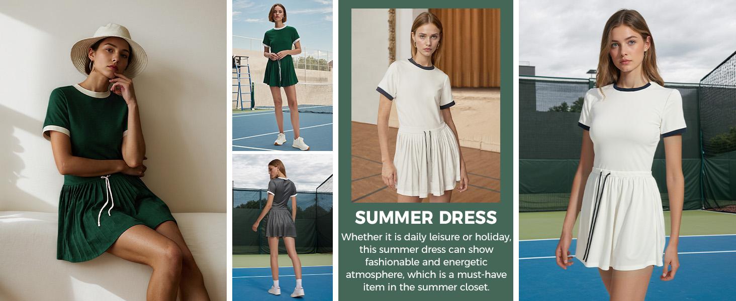 Outdoor&sports Fisoew Women’s Tennis Dress Casual Short Sleeve Pleated Contrast Color Loose Workout Summer T Shirt Dresses