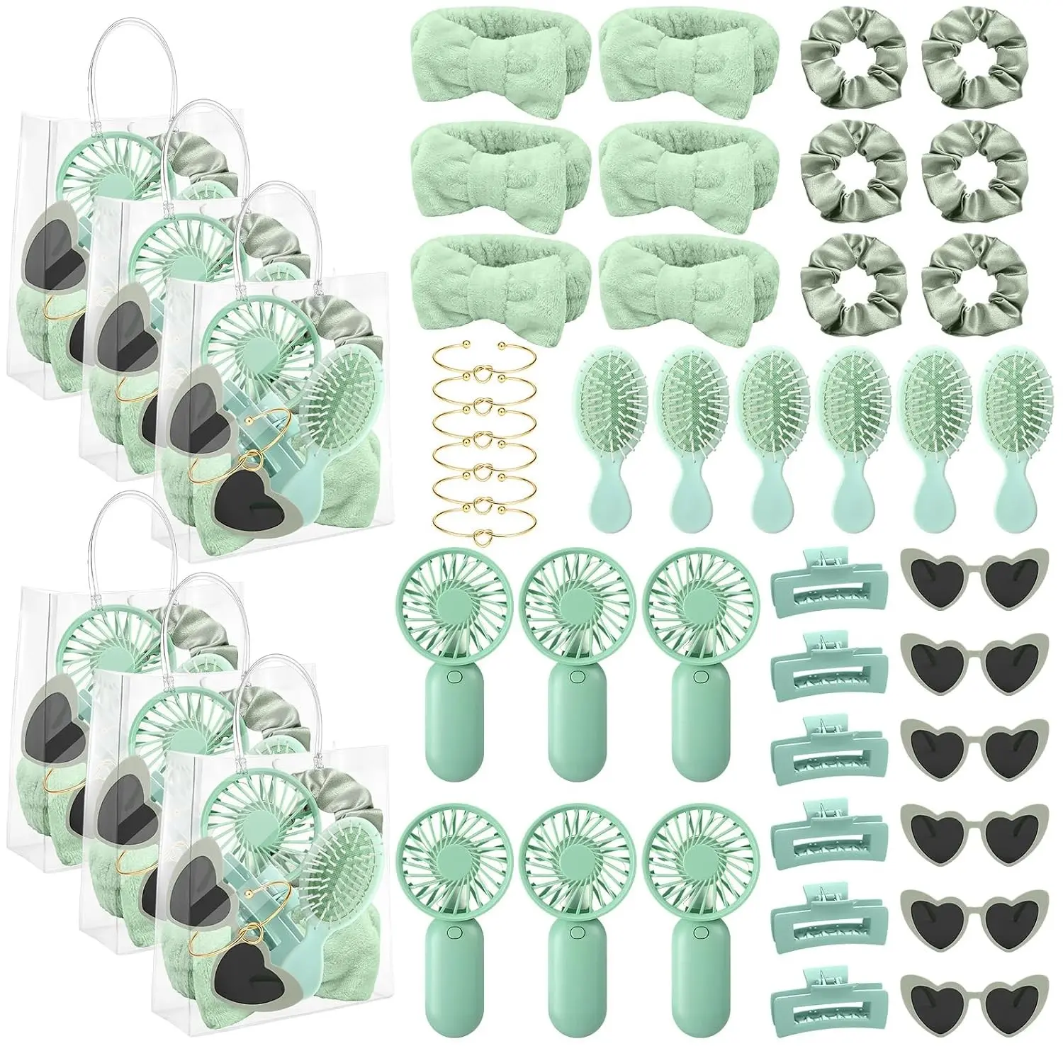 48 Pcs 6 Sets Bridesmaids Gifts Set Mini Portable Fan Hair Clips Scrunchies Sunglasses Travel Detangling Brush Spa Headband Bracelets PVC Bag for Bachelorette Party Bridal Shower Gift(Green)