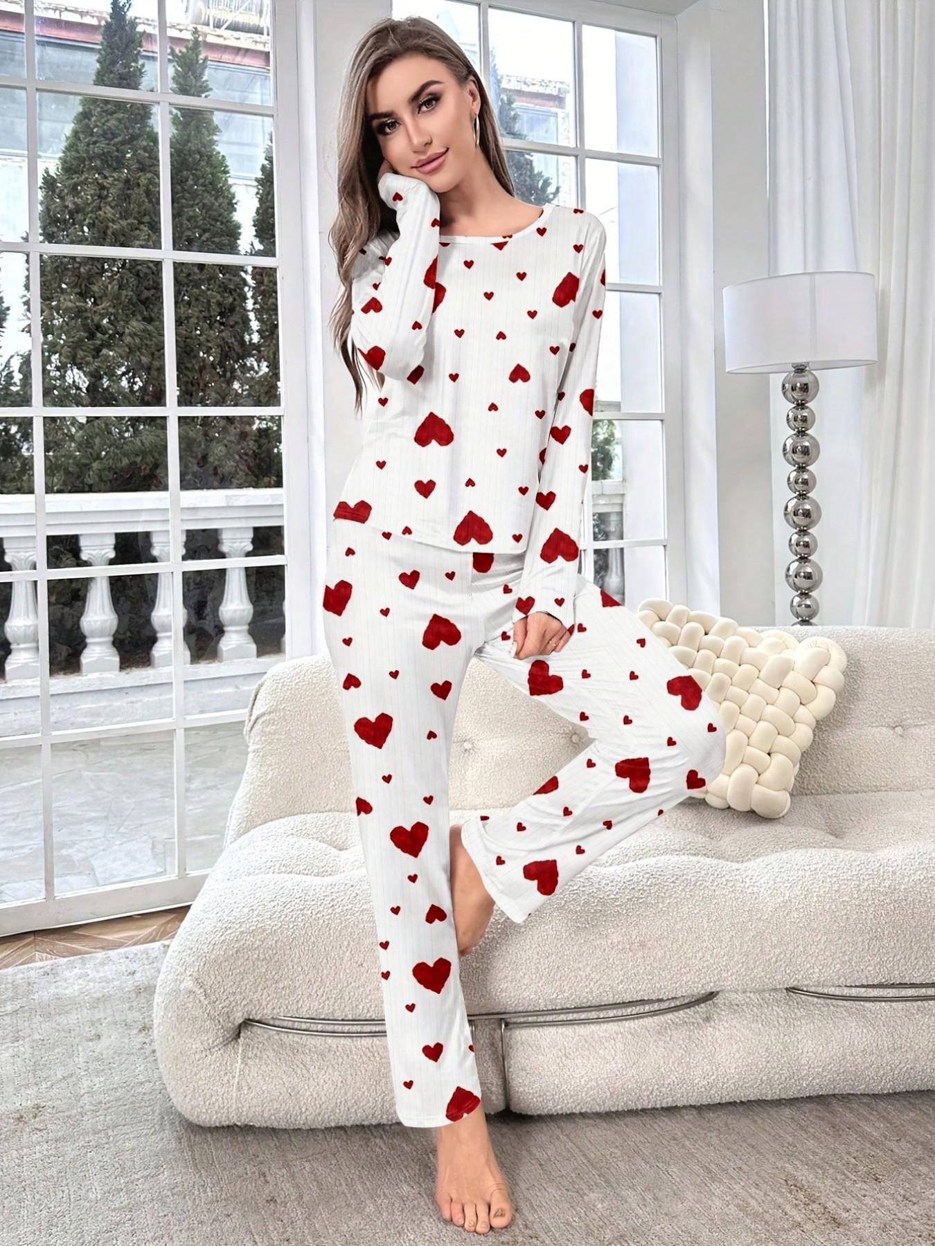 Women's Sleepwear Set, Casual Round Neck Long Sleeve Pants, Romantic Heart Print, Soft Elegant Comfortable, Wearable at Home