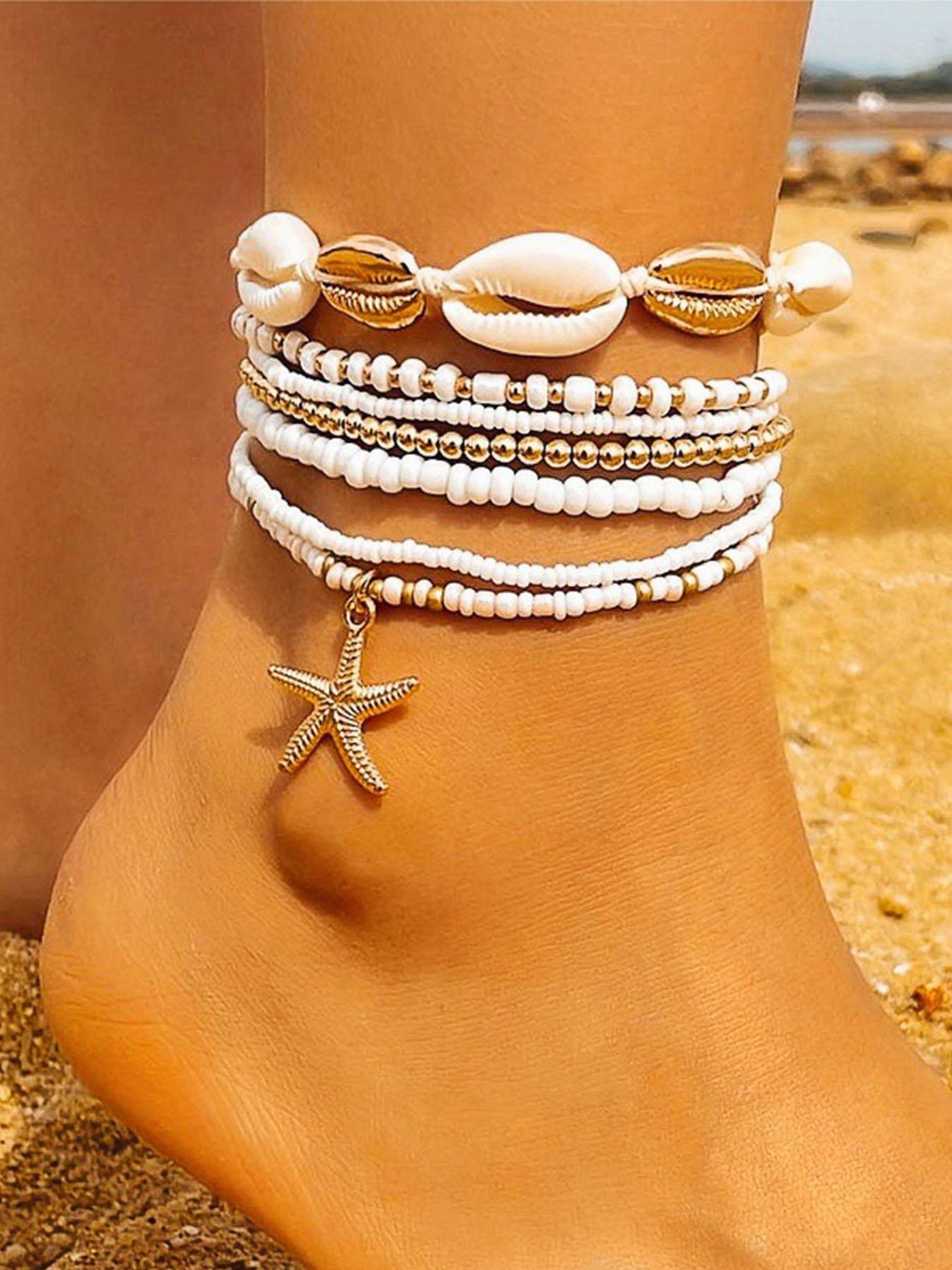 6 Pcs Boho Ocean Style Beaded Imitation Pearl Ccb Metal Star Shell Ankle Bracelet Set, Elastic Fit for Most Ankles, Women's Daily & Festival Wear