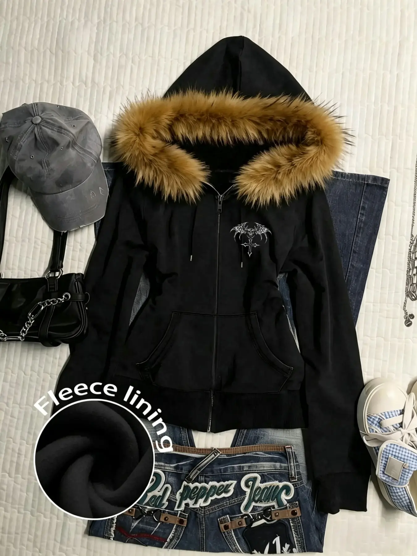 Women's Y2K Gothic Skull Print Zipper Jacket, Faux Fur Hoodie, Long Sleeve Loose Fit, Fall & Winter Casual Streetwear