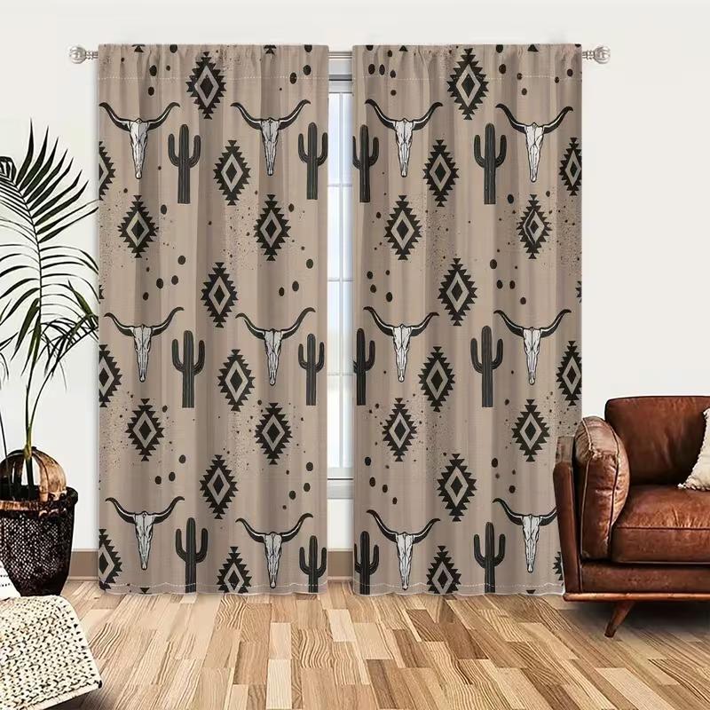 2 pieces of high-definition digital southwestern style ox skull, cactus, and geometric pattern printed curtains. Made of polyester, semi-transparent material, machine washable, suitable for bedrooms, living rooms, and home decoration curtains.