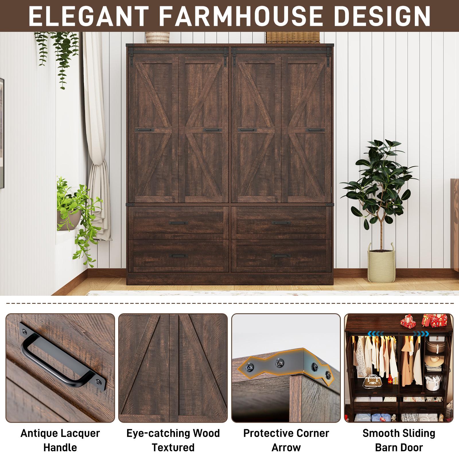 Farmhouse 6 Doors/4 Doors/3 Doors Armoire Wardrobe Closet w/Folding Sliding Barn Door and Lights, LED Armoire Closet w/Drawers for Bedroom, Freestanding Wooden Wardrobe Storage Closets w/Hanging Rod (Antique White/Rustic Brown/Black)