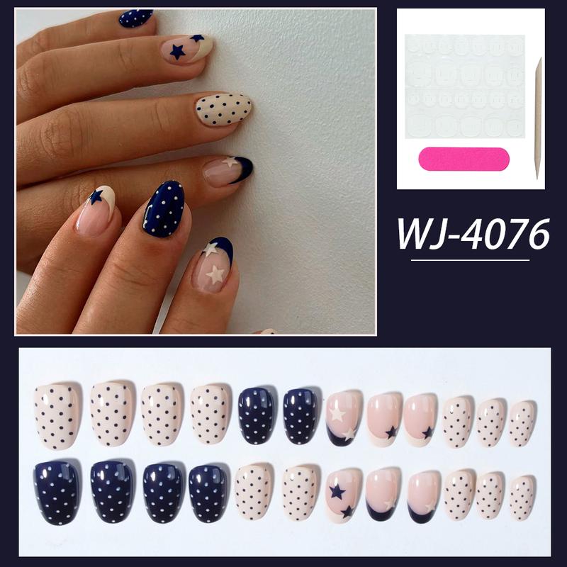 24pcs Short Oval Blue French Acrylic False Nails Set, Star & Polka Dot Design, Nail Art Design, Perfect Fit, Glossy Finish, for Women and Girls