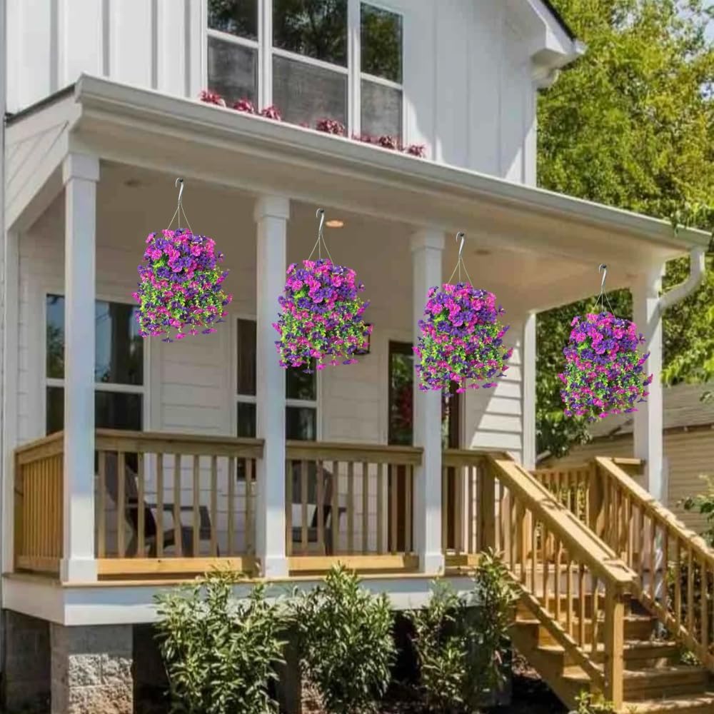 6 PCS Artificial Faux Hanging Flowers Plants for Outdoor Decor,Fake Silk Morning Glory with Eucalyptus UV Resistant Realistic Vines for Wall Home Porch Patio Balcony Yard Decor, Purple and Fuchsia, Artificial Flower Decoration