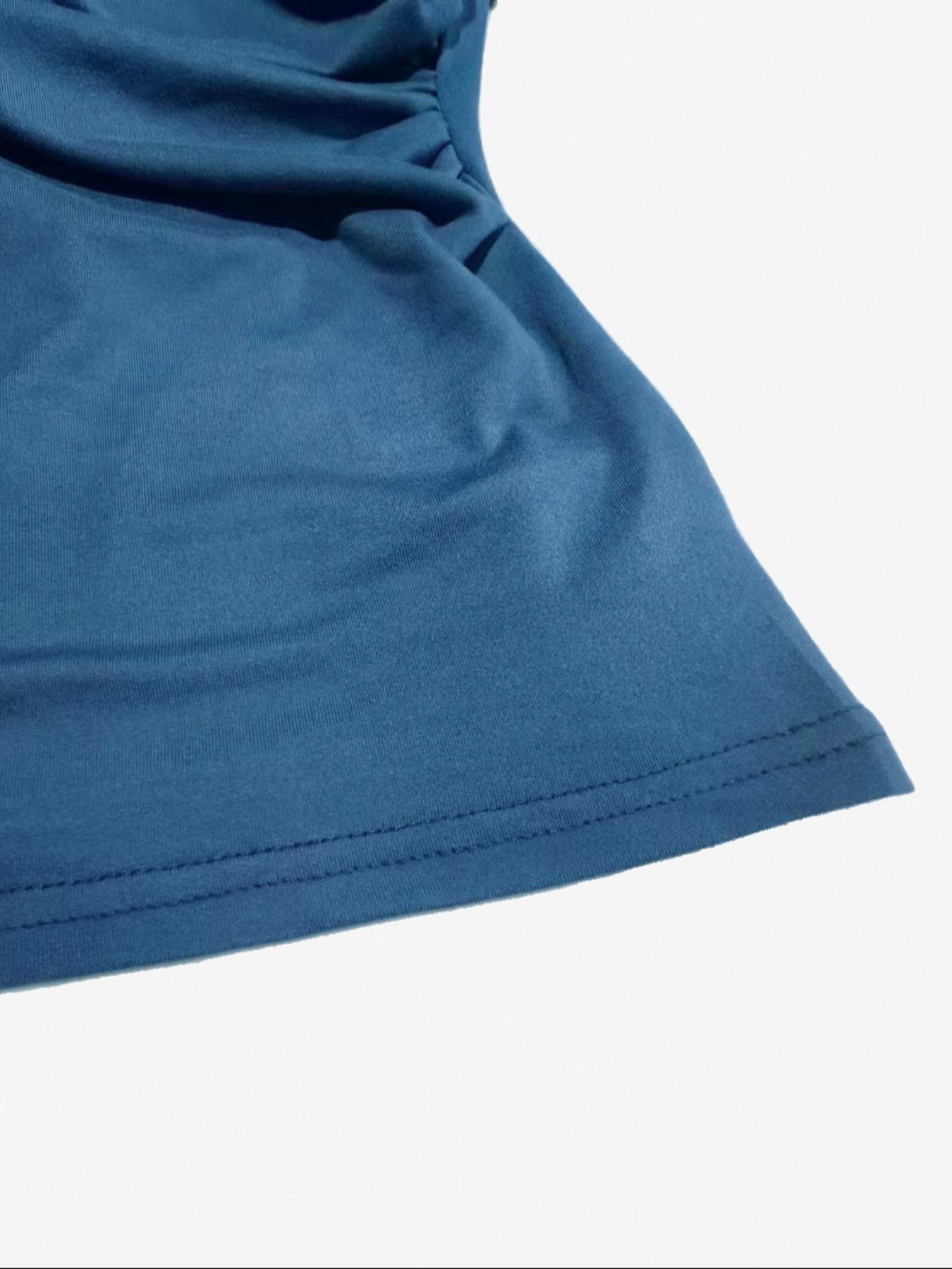 Women's Slim Fit Ruched Asymmetrical Top, High Neck Short Sleeve Knit T-Shirt, Casual Plain Design, Easy Care, X Type Silhouette Women's Slim Fit Ruched Asymmetrical Top, High Neck Short Sleeve Knit T-Shirt, Casual Plain Design, Easy Care, X Type Silhouette