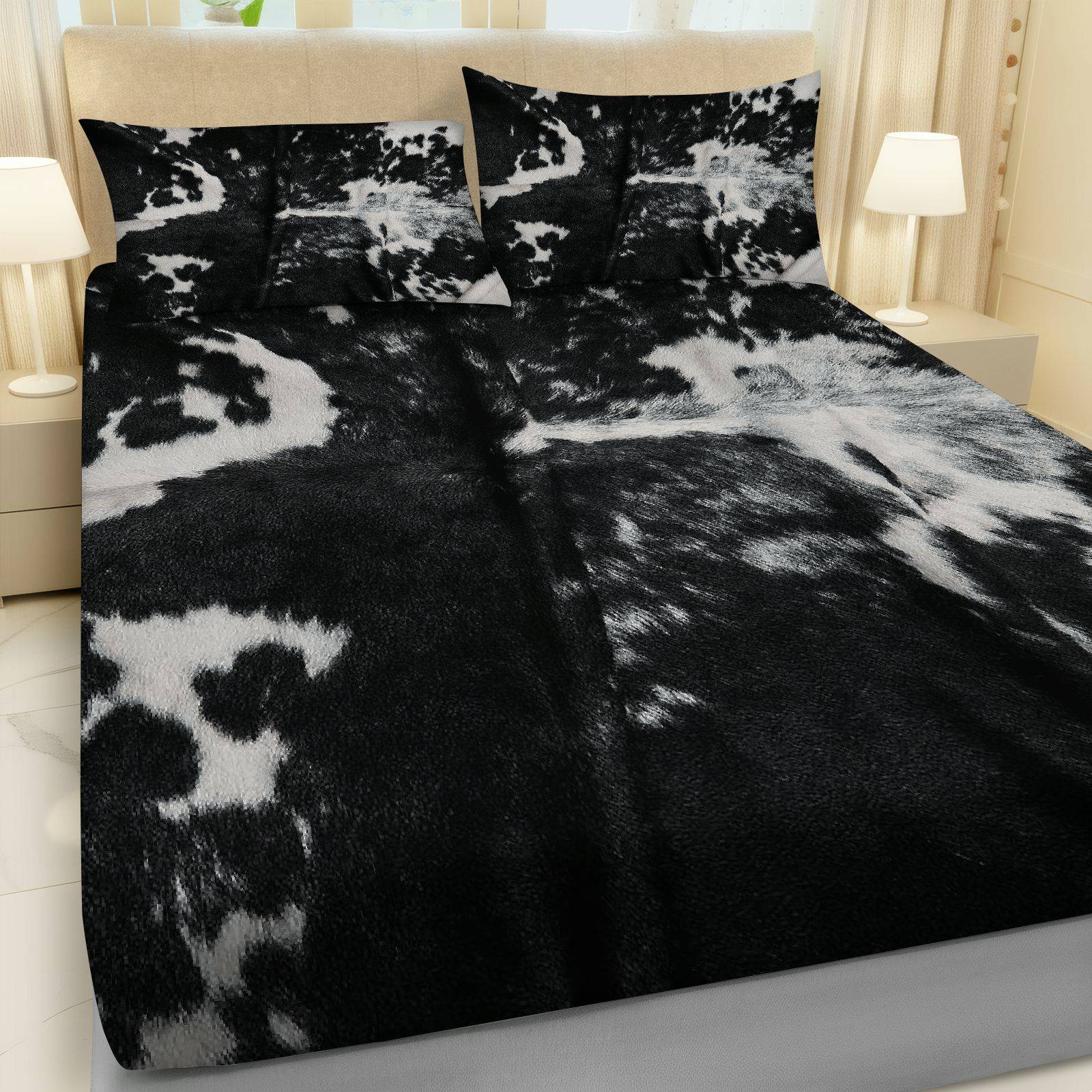 3Pcs Cow Print Black White Fitted Sheet Three Piece Set (1*Fitted Sheet+2*Pillowcases, Coreless), Western theme, Animal Print Bedding Set, Mattress Protector Soft, Breathable