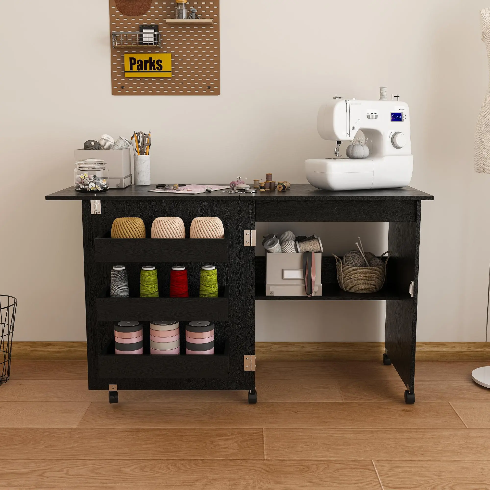 Black 45.67-Inch 4-in-1 Folding Sewing Table with Lockable Wheels, Rolling Craft Station, Computer Desk and End Table with Storage Shelves for Apartments and Small Spaces