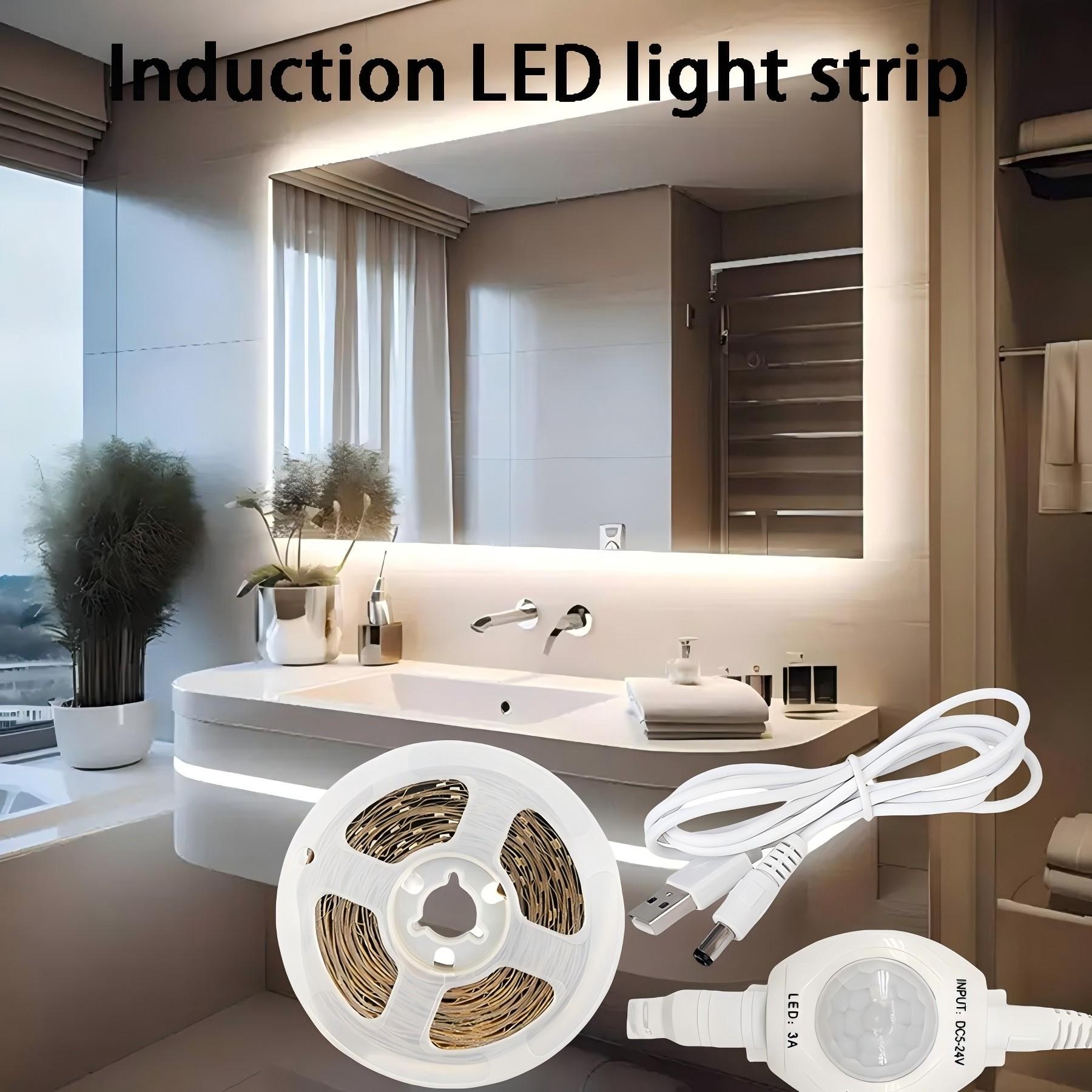 This 5V LED light strip features motion sensing capabilities, is USB powered, and is available in white and warm colors. It can be used in various settings such as bedrooms, kitchens, and cabinets.