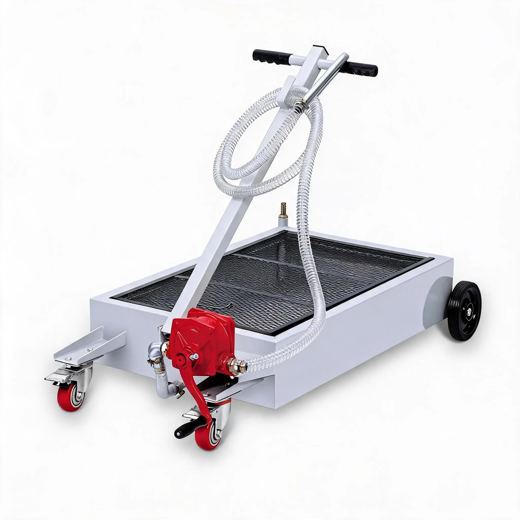 15-Gallon Low-Profile Oil Drain Gallon Bucket Trolley - Metal Rolling Work Cart for Auto Workshop, Mechanic Tools, Manual Pump, 2.4m Tube, Foldable T-Handle, Steel Construction