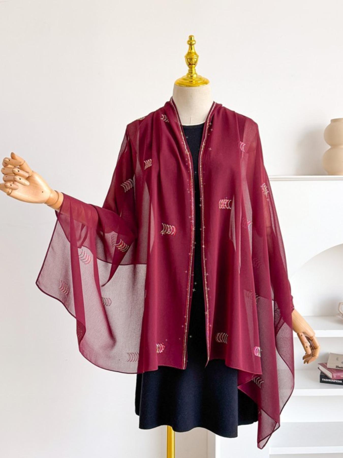 Single Piece Multi-Functional Plain Color New Arcuate Rhinestone Chiffon Long Scarf, Pearl Embellished Sun Protection Shawl, Ethnic Headscarf