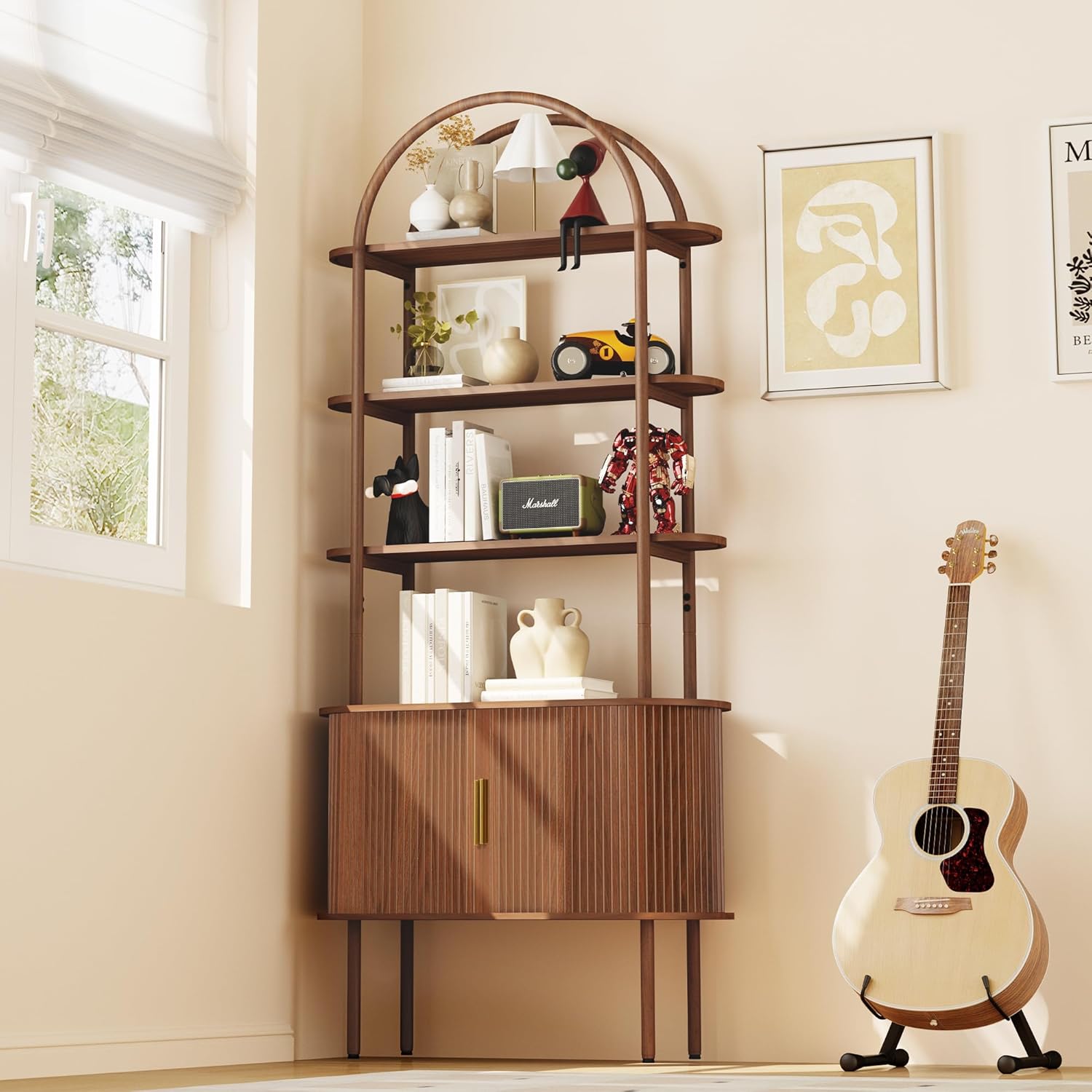 Giratree 71" Tall Fluted Arched Bookshelf with Sliding Tambour Doors, Mid Century Modern Curved Bookshelf Cabinet with Storage, 4-Tier Open Display Storage Shelf for Home Office, Living Room Giratree 71" Tall Fluted Arched Bookshelf with Sliding Tambour Doors, Mid Century Modern Curved Bookshelf Cabinet with Storage, 4-Tier Open Display Storage Shelf for Home Office, Living Room