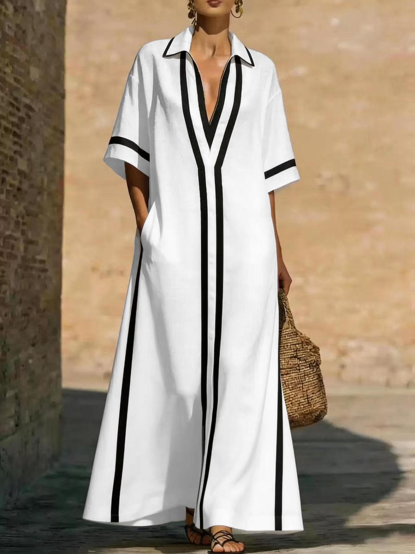Women's New Kaftan with Pockets, Loose-Fit Striped Print Long Dress, Half Sleeve & Deep V Neck Design, Casual Boho Chic Summer Dress, Bohemian Casual Fashion for Beach and Vacation, Boho Style Dress