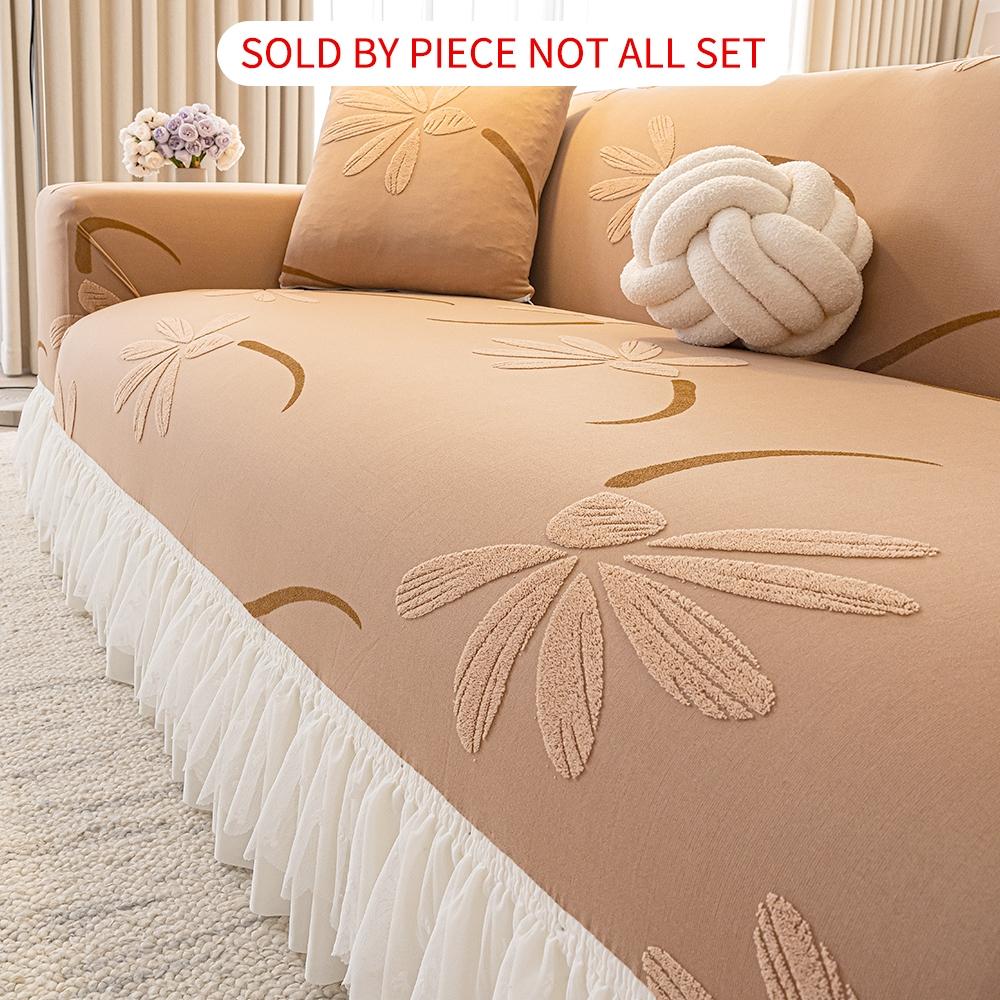 Stretch Sofa Slipcover 1 Piece, Soft Polyester Spandex Jacquard Fabric, Elastic Bottom, Furniture Protector with Skirt
