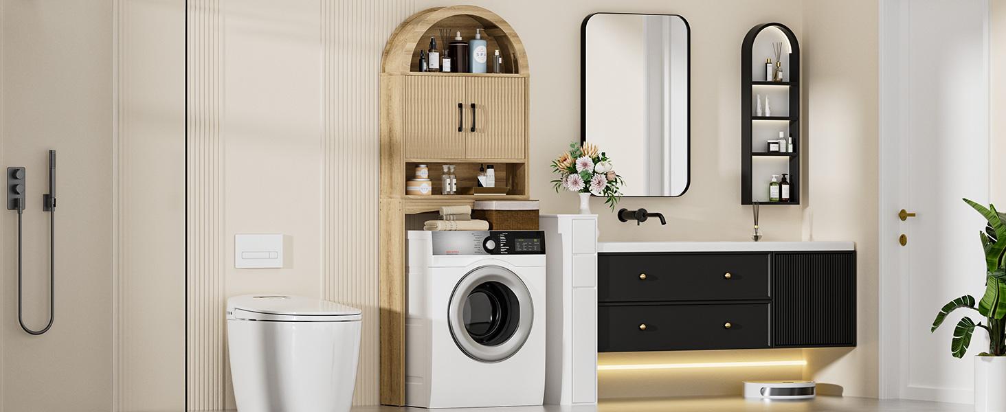 Over The Toilet Storage Cabinet, Freestanding Bathroom Organizer with Adjustable Shelf and Anti-Tip Device, Arched Cabinet with Doors, Space-Saving Toilet Storage for Bathroom, Laundry, Mini Bar Modern Organization Design