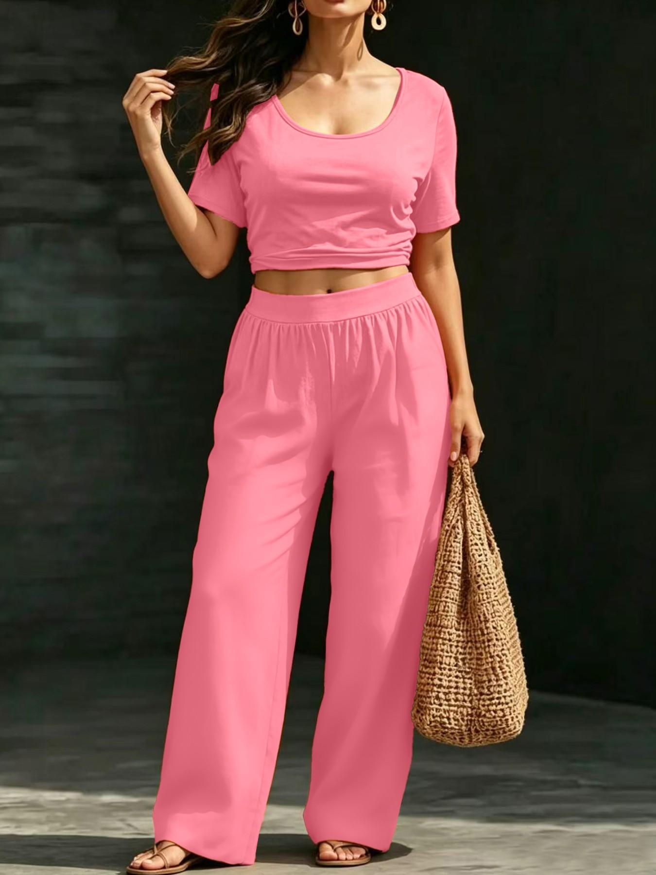 Plus Size Women's 8 Color Options, Casual Solid Shorts U-Neck Top + Loose Wide Leg Pants Set, Fit, Lazy Style, Daily Wear, Vacation, Home Essentials, Clothes