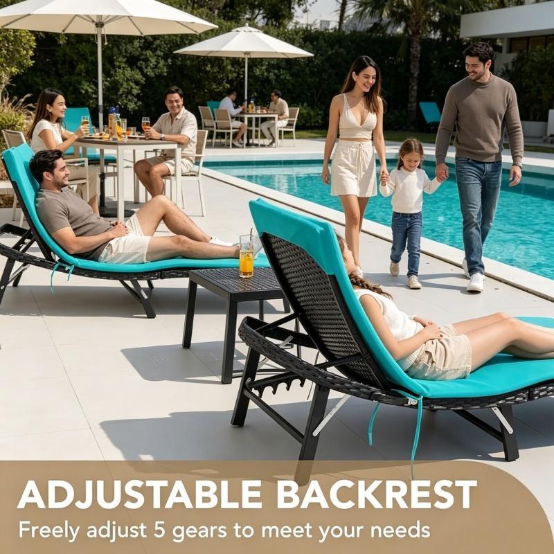 Beige 3-Piece PE Rattan Patio Chaise Lounge Reclining Chairs - Lightweight, Foldable, Fully Assembled Pre-Built Outdoor Furniture Set with Folding Table, Cushion for Poolside, Beach Use