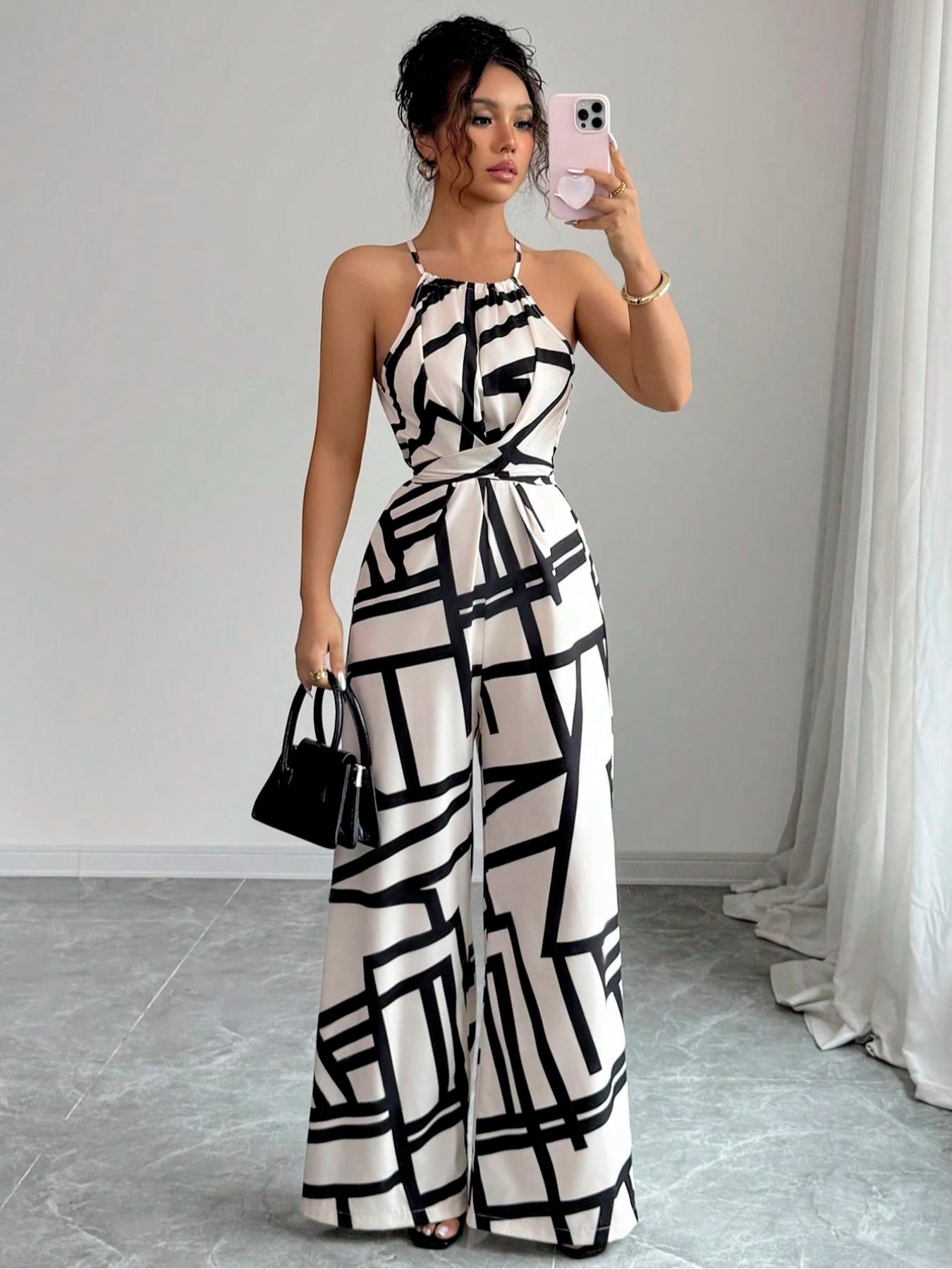 Women's Floral Print Woven Elegant Waist Cinched Casual Jumpsuit, All-Season Daily Wear, Sleeveless Strap Design with Outerwear Option