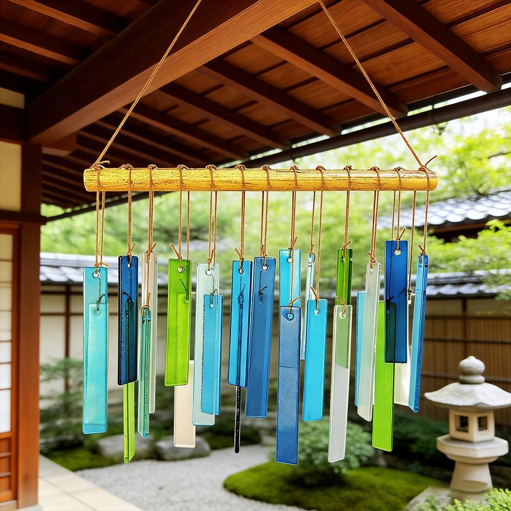 Spring Colorful Glass Handmade Wind Chime, Rectangular Frosted Glass, Outdoor Garden Yard HDecor, Boho Style Home Decoration