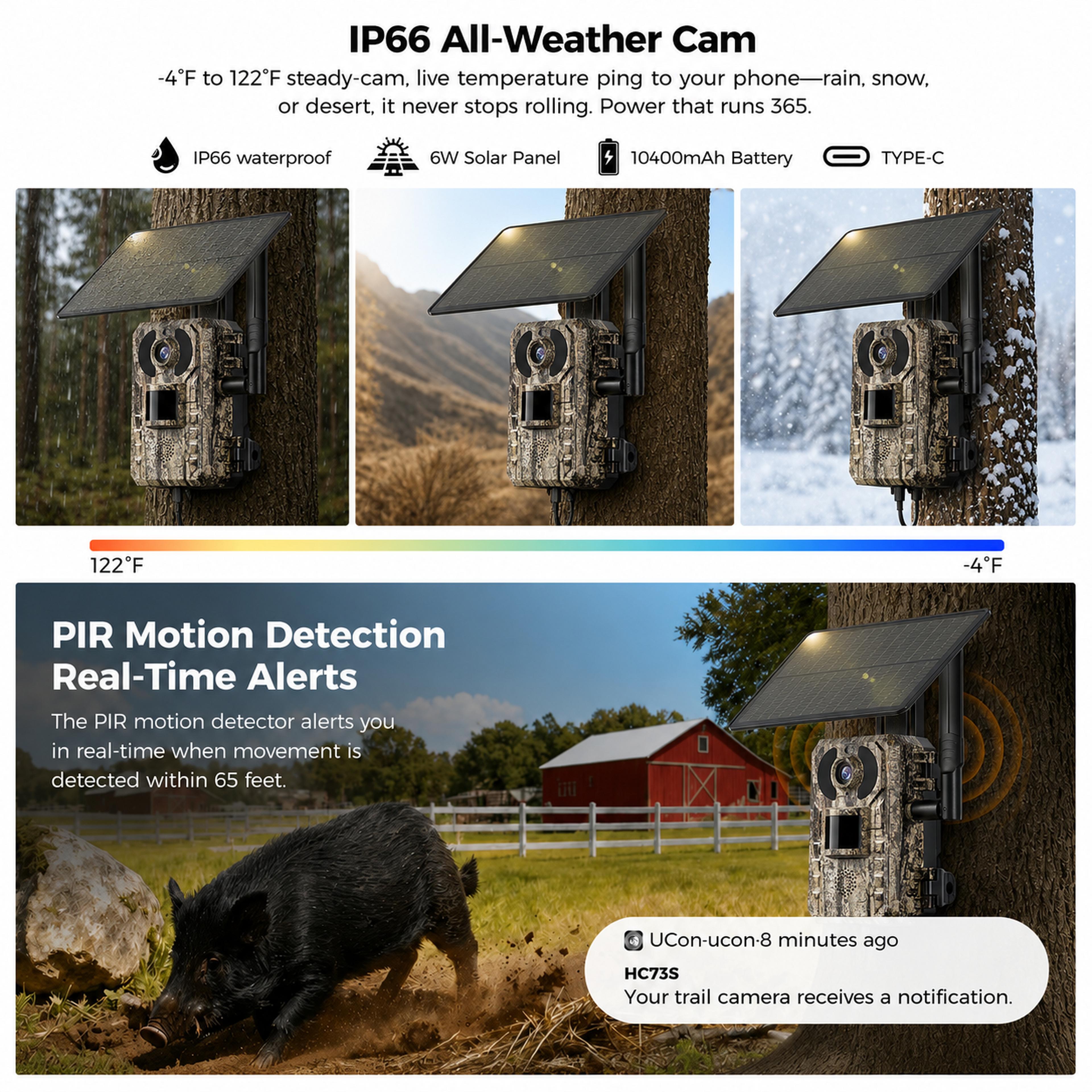 GMOX 4G LTE Solar Trail Camera for Hunting, 48MP 2K Live Feed, 0.1s Fast PIR Trigger, Low-Glow Night Vision, IP66 Waterproof, APP Remote Control, Built-in data Cellular Card (No WiFi) power cord