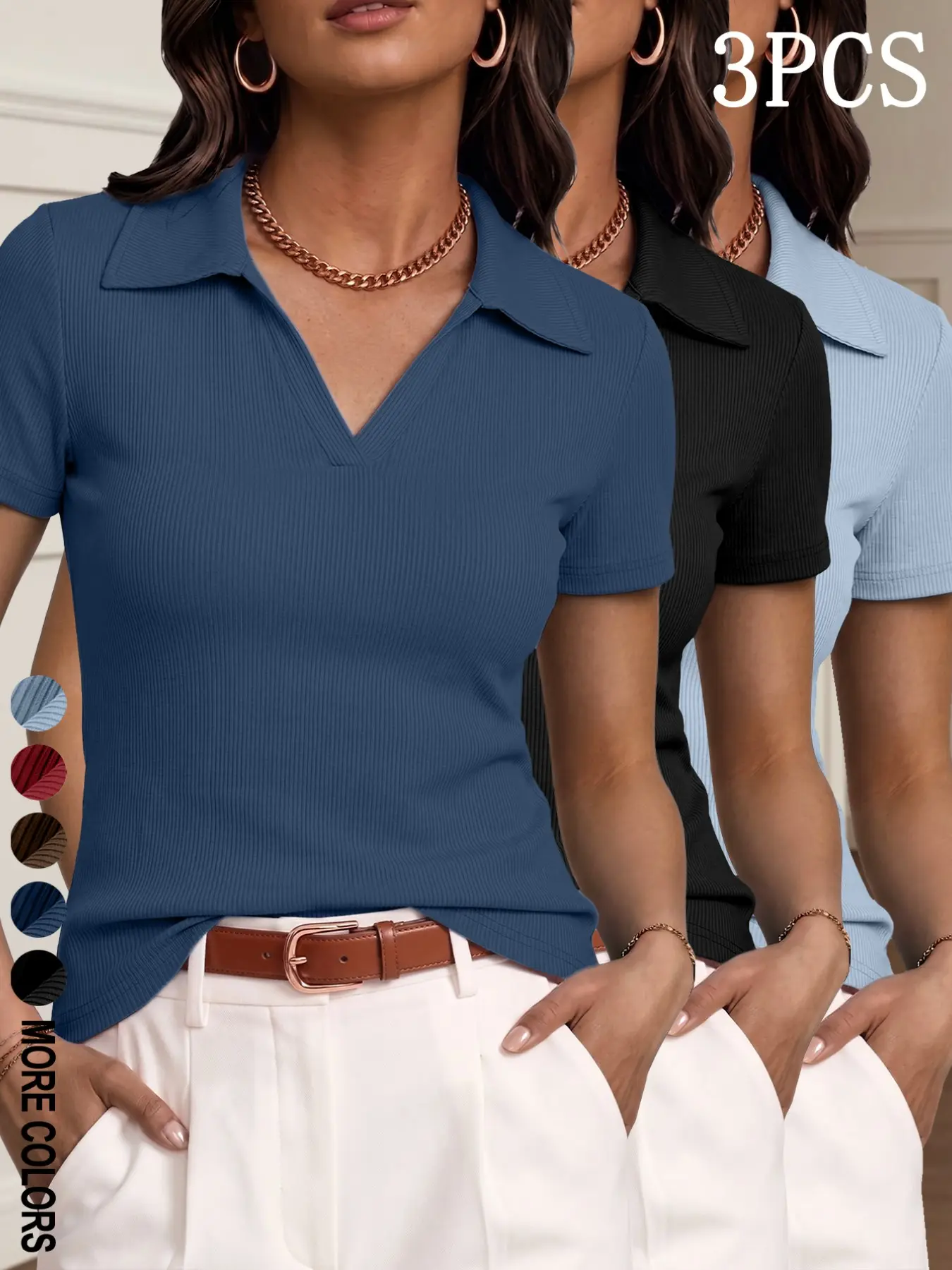 3-Pack Women's Elegant Short Sleeve Polo Shirts, Casual Summer Tops, Soft Stretch Fabric, Comfortable Daily Wear, Stylish and Cute