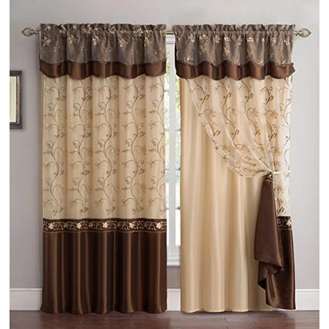 Collection Embroidery Curtain Set Drapes with Backing & Valance (Brown, 55"x 84")
