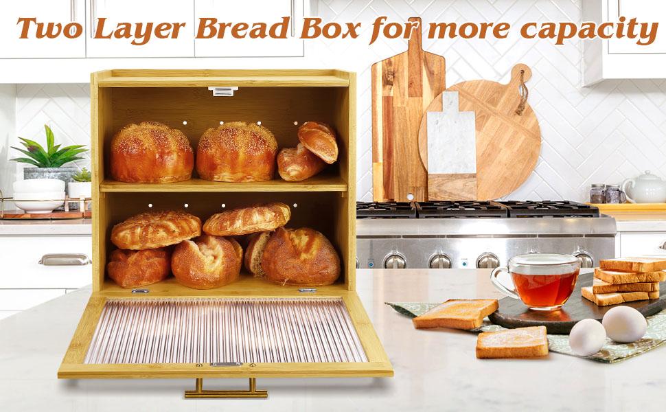 Double Layer Bamboo Bread Box for Kitchen Countertop, Bread Storage Container, Bread Box with Window, Large Capacity
