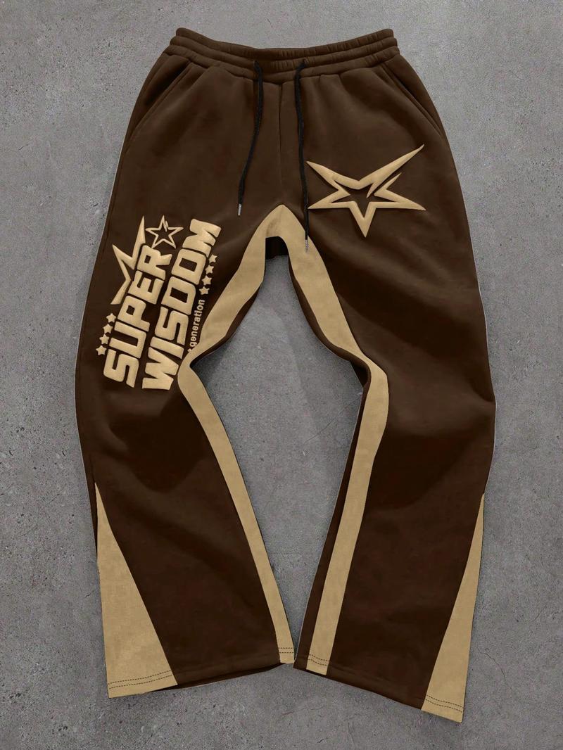 Men's Colorblock Letter & Star Print Sweatpants, Casual Comfy Straight-leg Pants for Daily Wear, Men's Trousers for All Seasons, Athleisure Style Bottoms