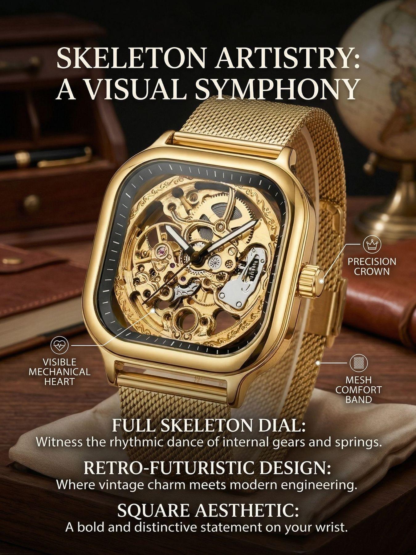 A men's open-work and see-through all-gold square case. Gold engraved movement. Business-style, luxury, trendy and personalized new model. Fully automatic mechanical wristwatch