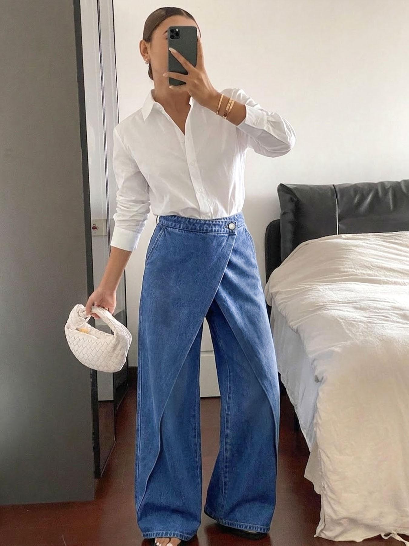 Lkuily Women's Medium Wash Crossover High Waisted Denim Wrap Over Cross Front Single Button High Waist Wide Leg Floor Length Jeans, Diagonal Stitch Drape Loose Hip Cover Long Straight Pants, Minimal Office Unique Design Casual Denim Trousers, Bottoms