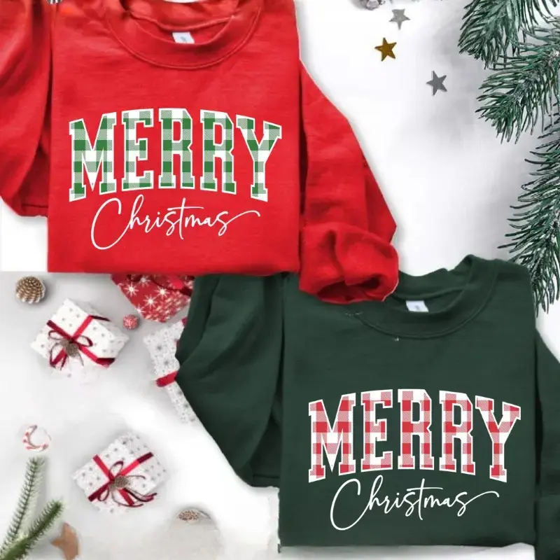 Women's Fitted Crewneck Sweatshirt - Cute Seamless Buffalo Plaid Christmas Design, Round Neck, Long Sleeve Spandex- Fabric, Minimalist Comfortable Casual Winter Top, Hoodie-Compatible, XXL, Merry Christmas Xmas Family Gift, Matching Sweatpants Piece