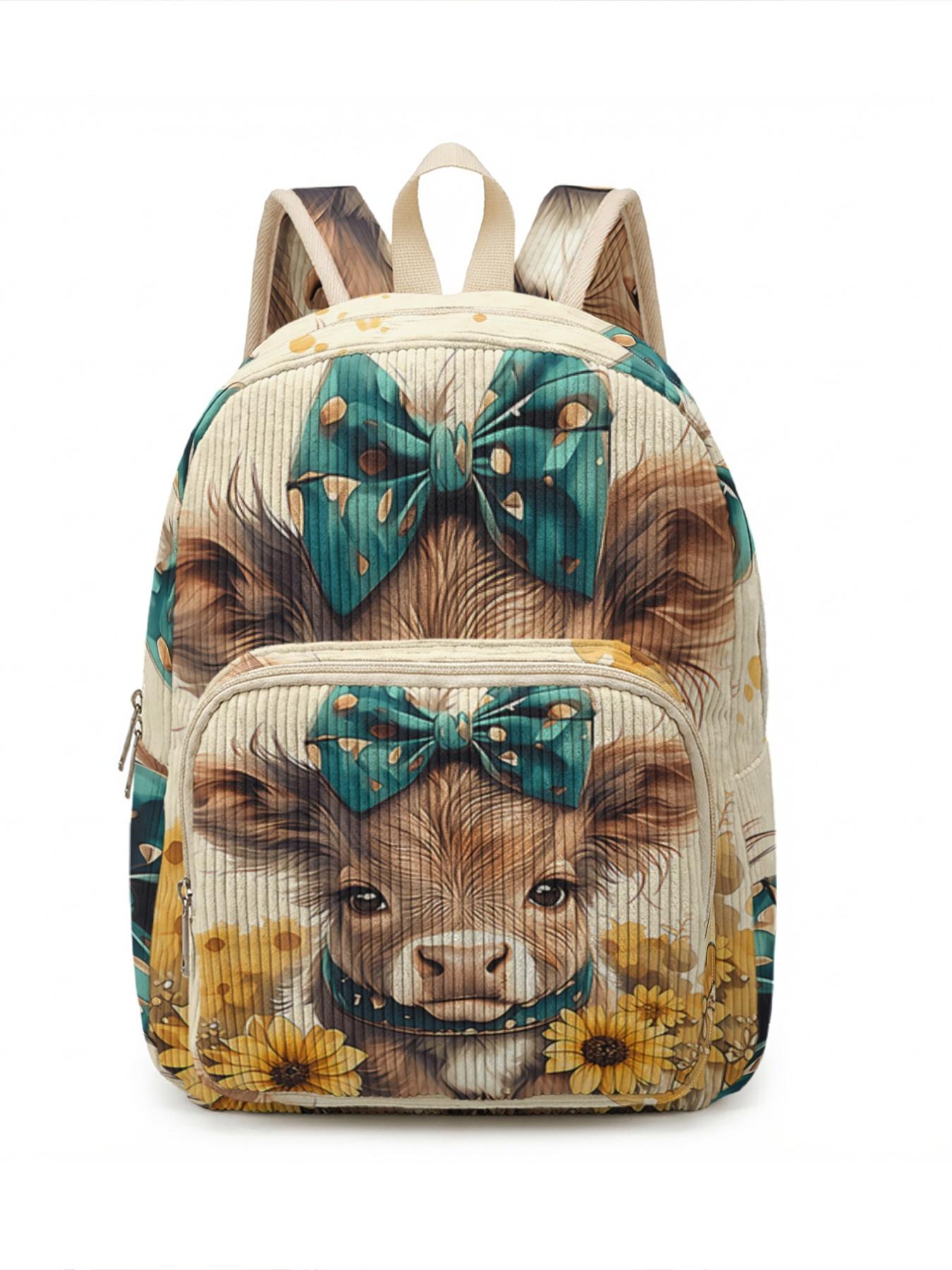 1 piece of dog and flower pattern 2D printed ladies' backpack, Casual Backpack, velvet texture + layered storage + light weight reduction | perfect for students to go to class/shopping/short trips | combines atmosphere with practicality